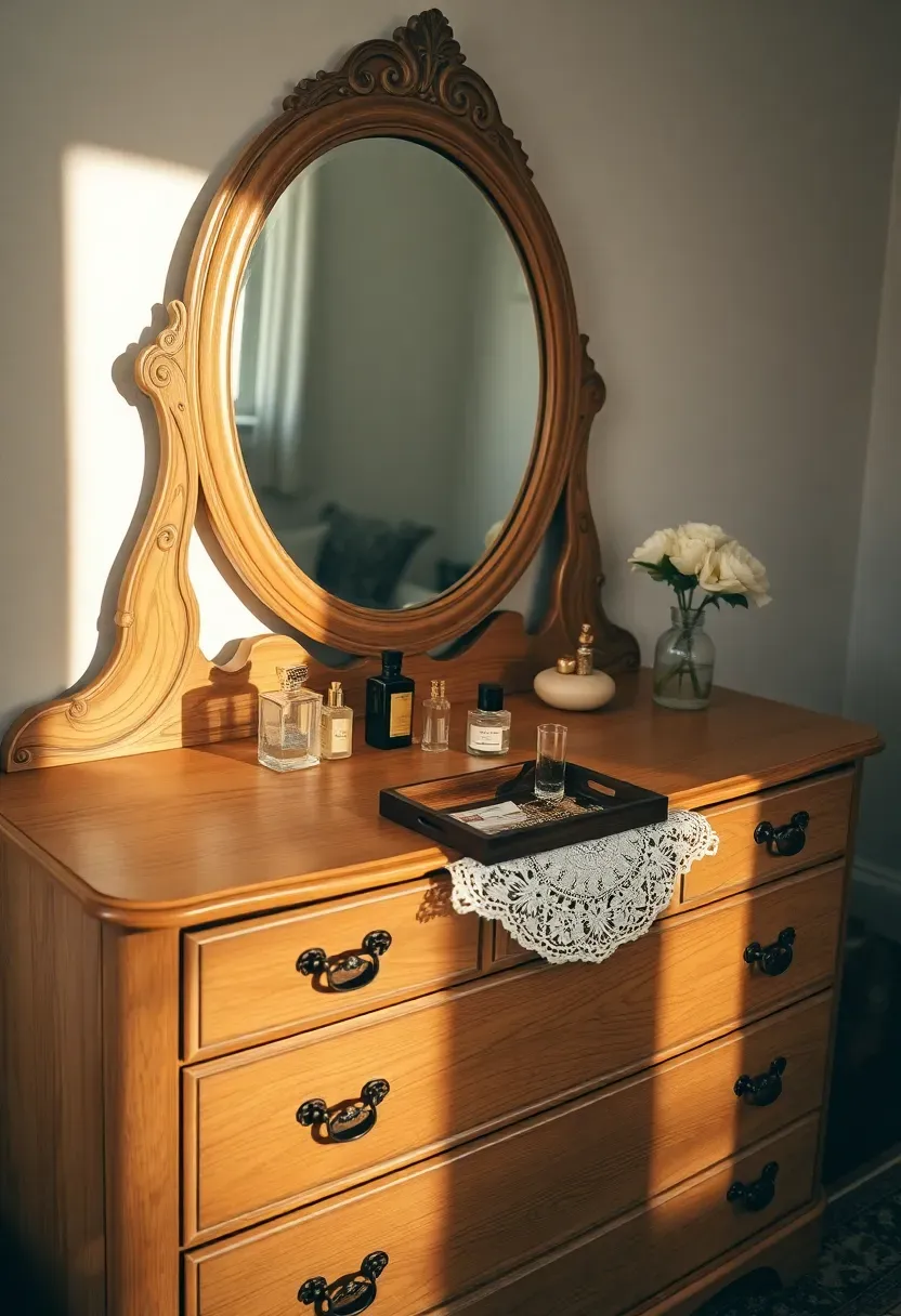 charming vintage dresser repurposed as makeup vanity with ornate mirror and antique details