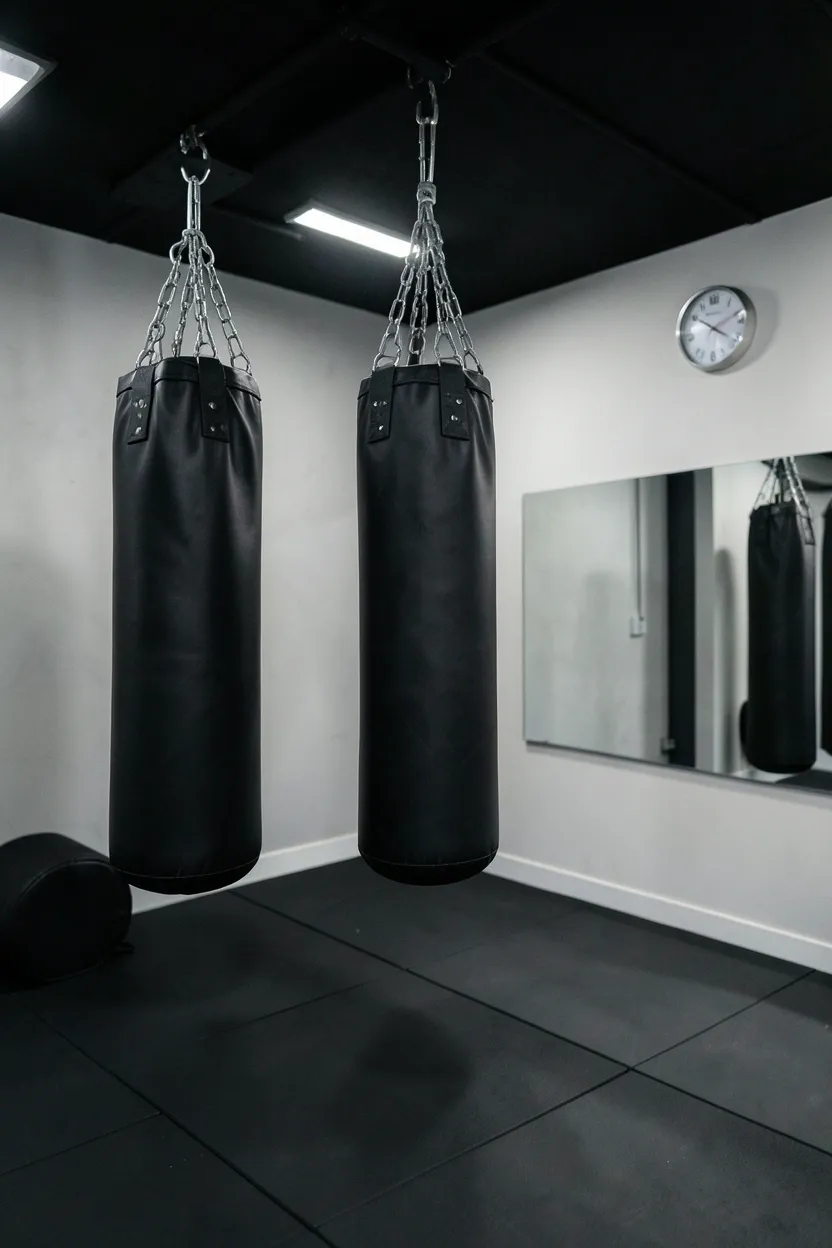 Ceiling-mounted heavy bag in a small spare room gym layout with rubber floor tiles and open floor space for HIIT