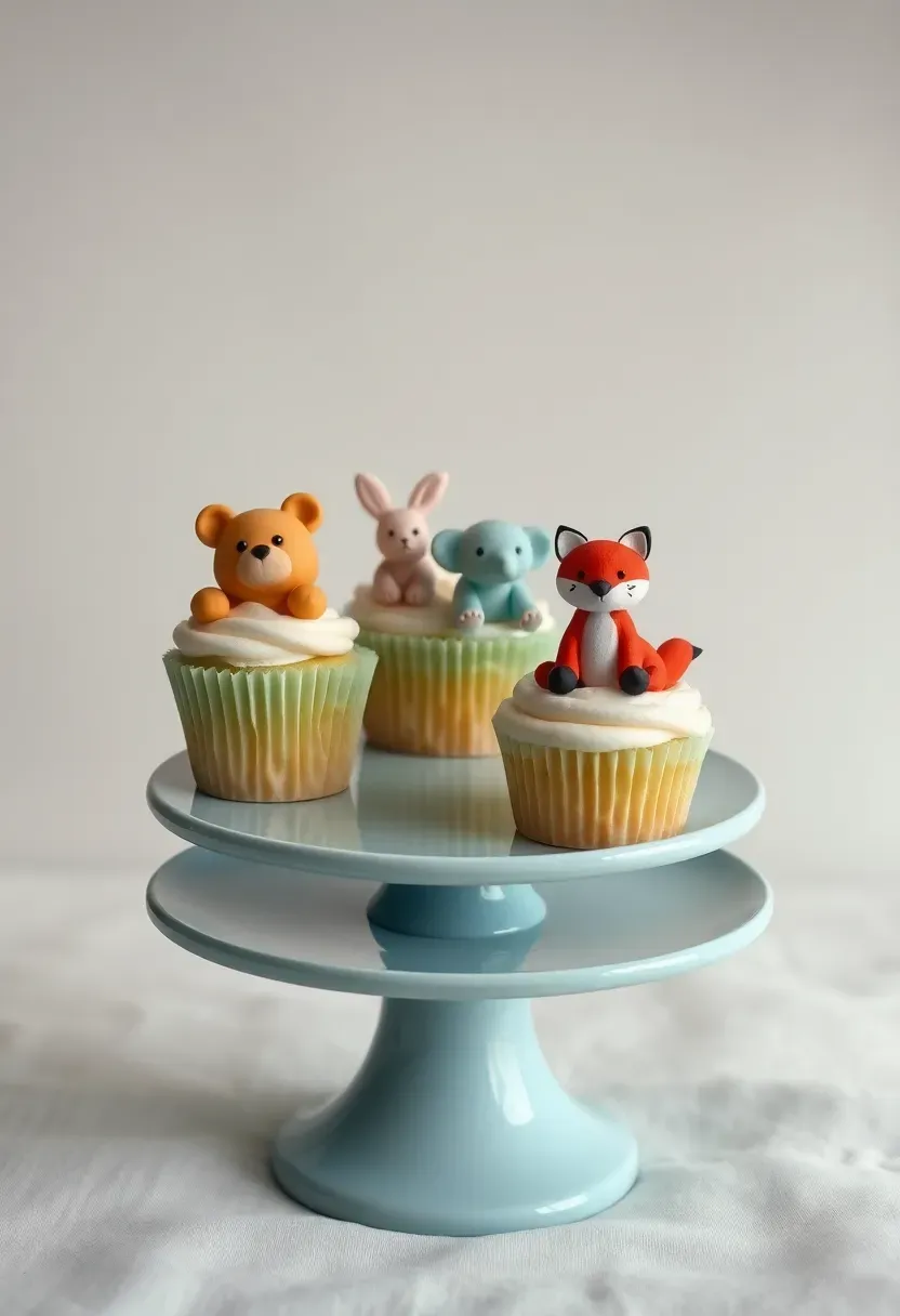 cupcakes with handcrafted fondant animal toppers including bears, bunnies, and elephants on a pastel blue tiered stand