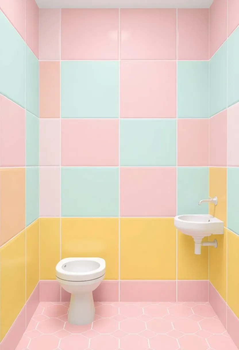 Color-blocked geometric pastel tile walls in pink, mint green, and soft yellow for a Toca Boca style renter-friendly bathroom