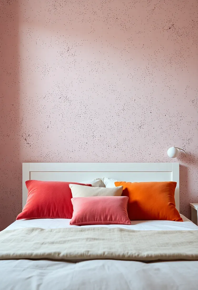 playful modern bedroom with terrazzo-effect painted accent wall in speckled pink cream and grey tones behind a simple white bed with colorful cushions