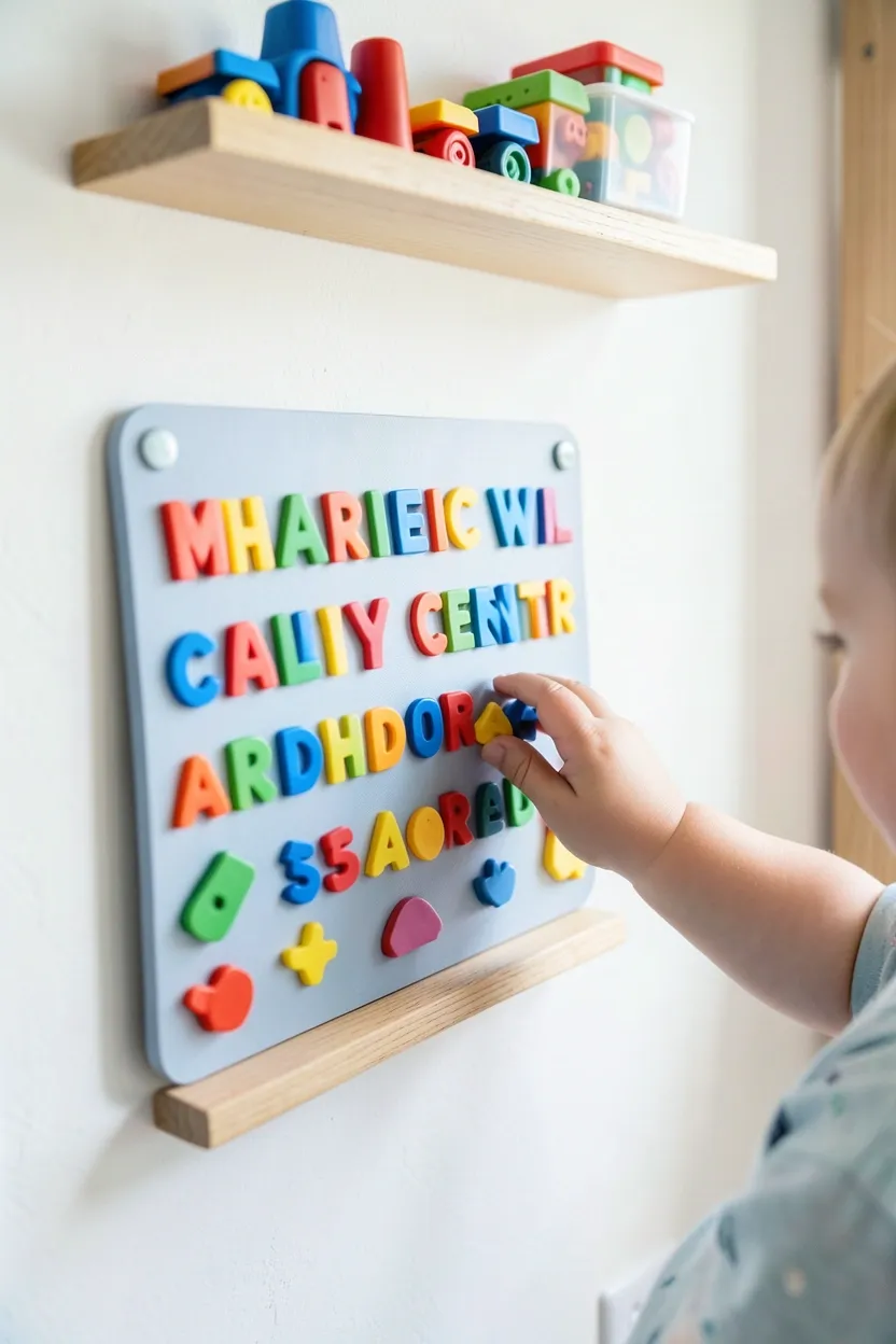 Magnetic chalkboard activity wall in a tiny house at toddler height with colorful magnetic letters and shapes, small shelf below for toy sets