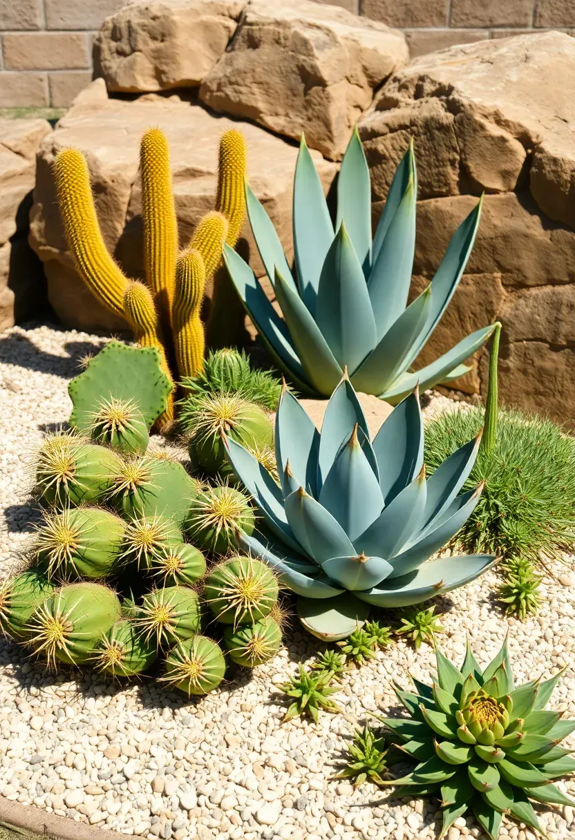 Rock garden with prickly pear, barrel cactus, agave, and sedum arranged on limestone gravel in a dry Texas backyard setting