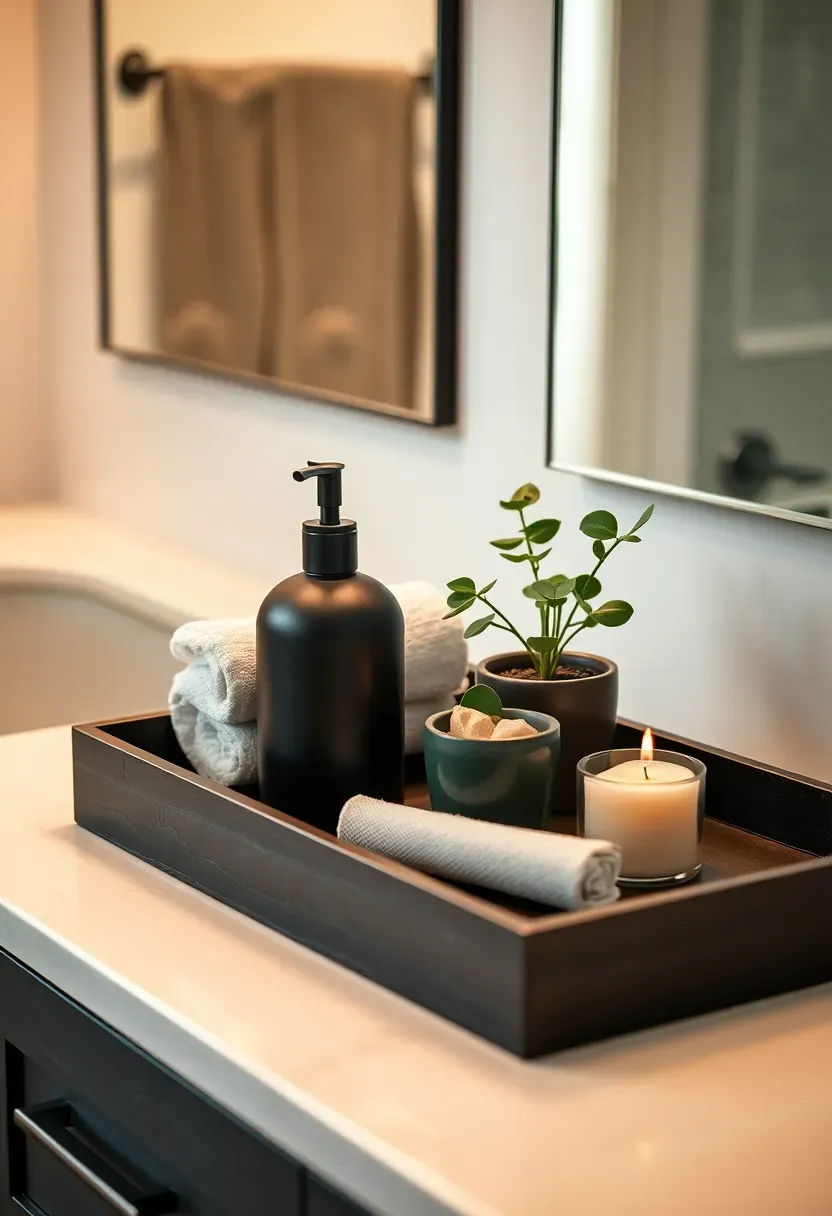 Matte black rectangular tray styled with soap dispenser, small plant, and rolled white towel on a bathroom vanity