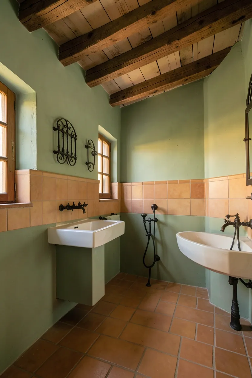Mediterranean bathroom with sage green tiled walls, warm terracotta floor tiles, wrought iron light fixture, and clay plant pots