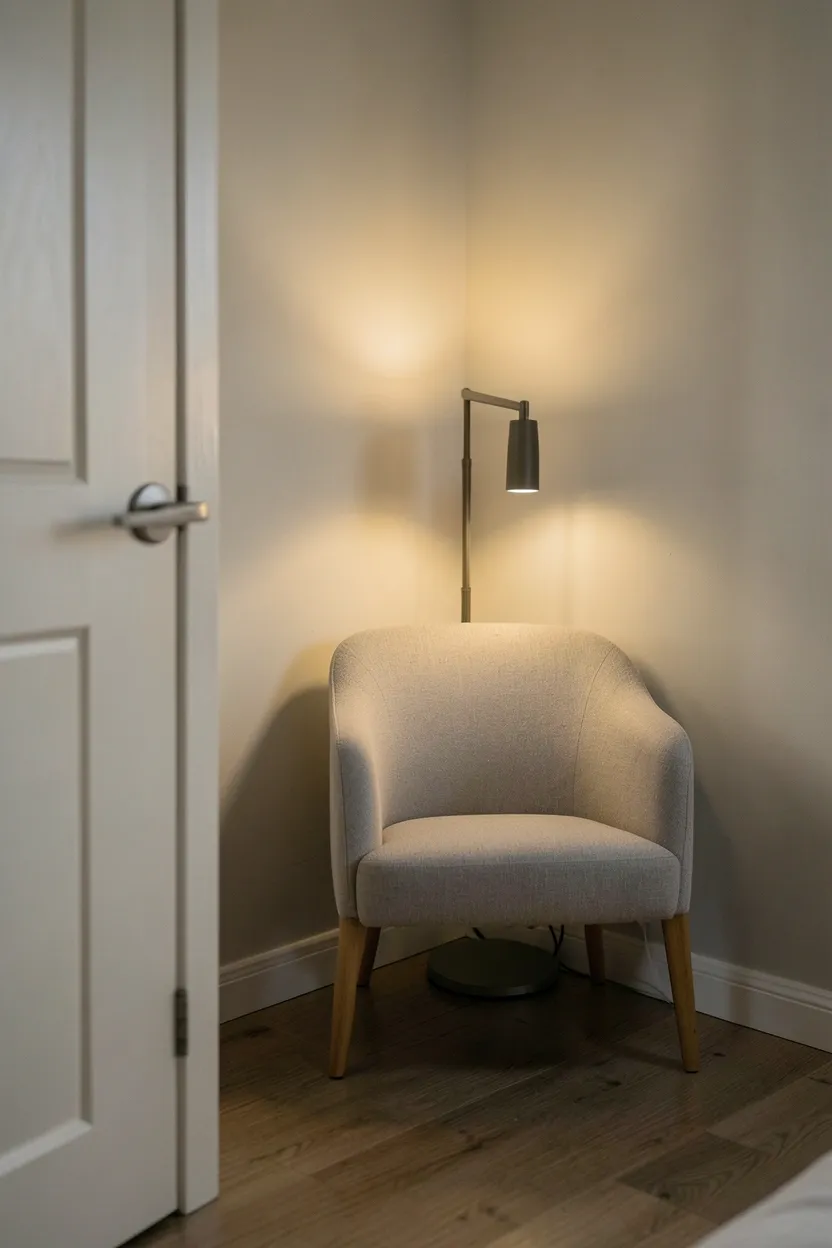 Small low-back armchair tucked behind an open bedroom door with a floating shelf and floor lamp — hidden reading corner using overlooked space in a rental bedroom