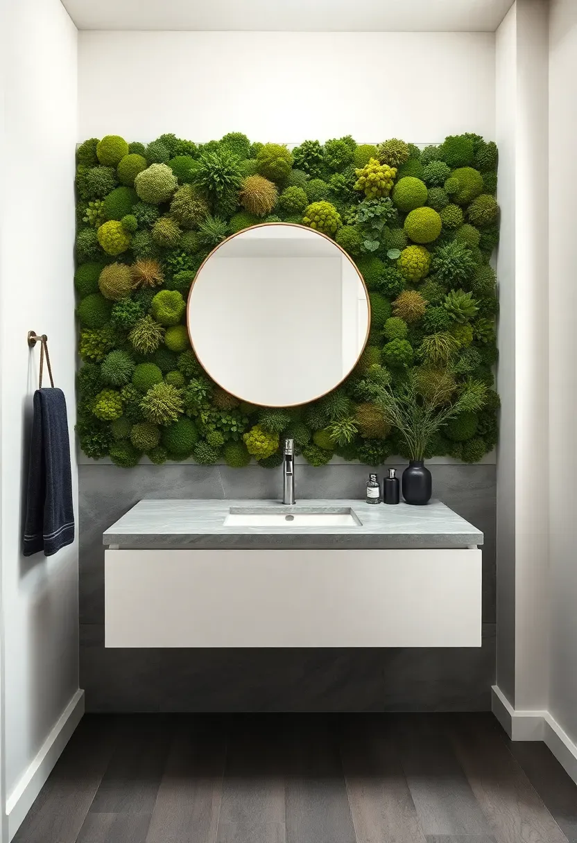 Preserved moss accent wall panel in rich green behind a modern bathroom vanity with natural stone countertop