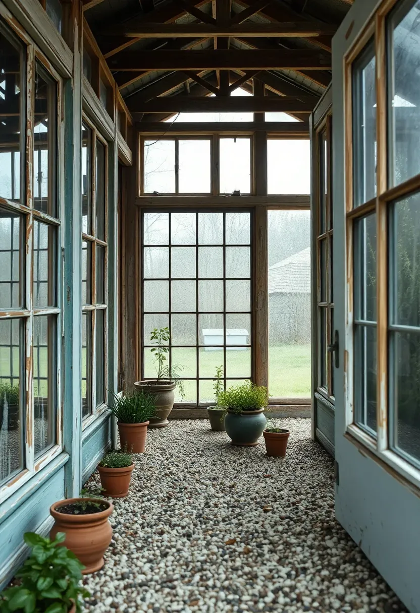 A rustic greenhouse built entirely from mismatched salvaged windows with peeling paint and a gravel floor filled with potted plants
