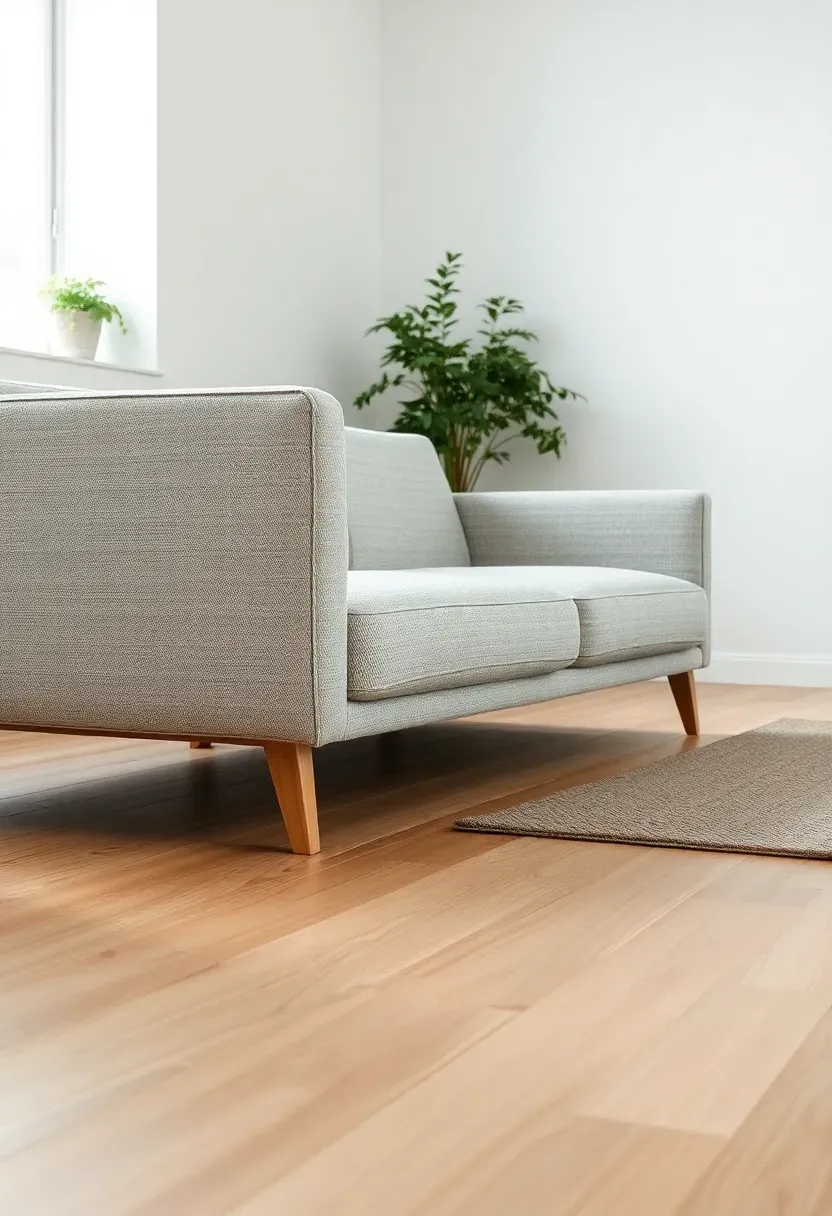 Hyper-realistic view of minimalist living room with low-profile light gray sofa on white oak hardwood flooring, no rug, sofa features slim bench-style legs exposing floor beneath. Materials: light gray textured fabric, natural white oak floors, white walls with subtle shadow gap where floor meets wall. Bright diffused natural light from window, Scandinavian minimalist mood, emphasis on material honesty and clean lines. Sharp details on floor grain and sofa texture, low-angle shot showing expanse of flooring, no text, no logos, no watermarks.</p>