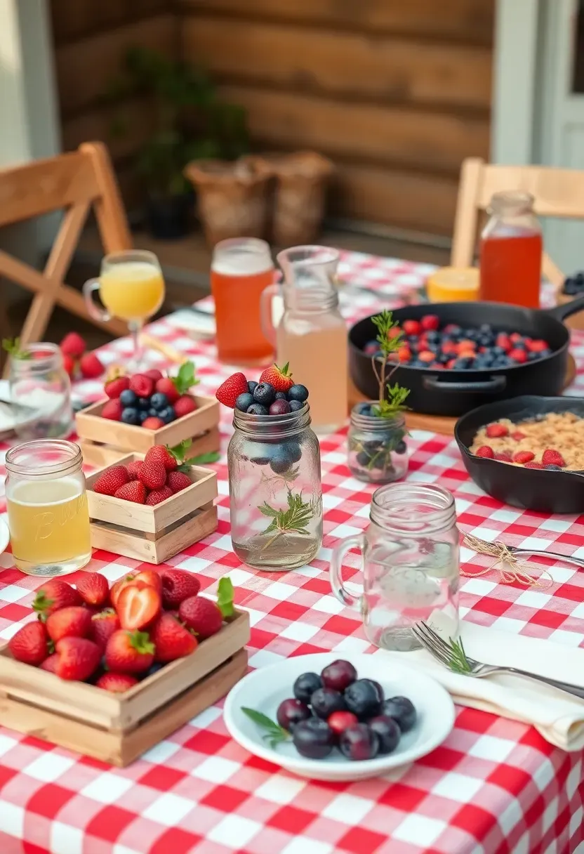 berry picking themed baby shower brunch with baskets of fresh strawberries blueberries raspberries gingham linens and berry infused drinks in mason jars
