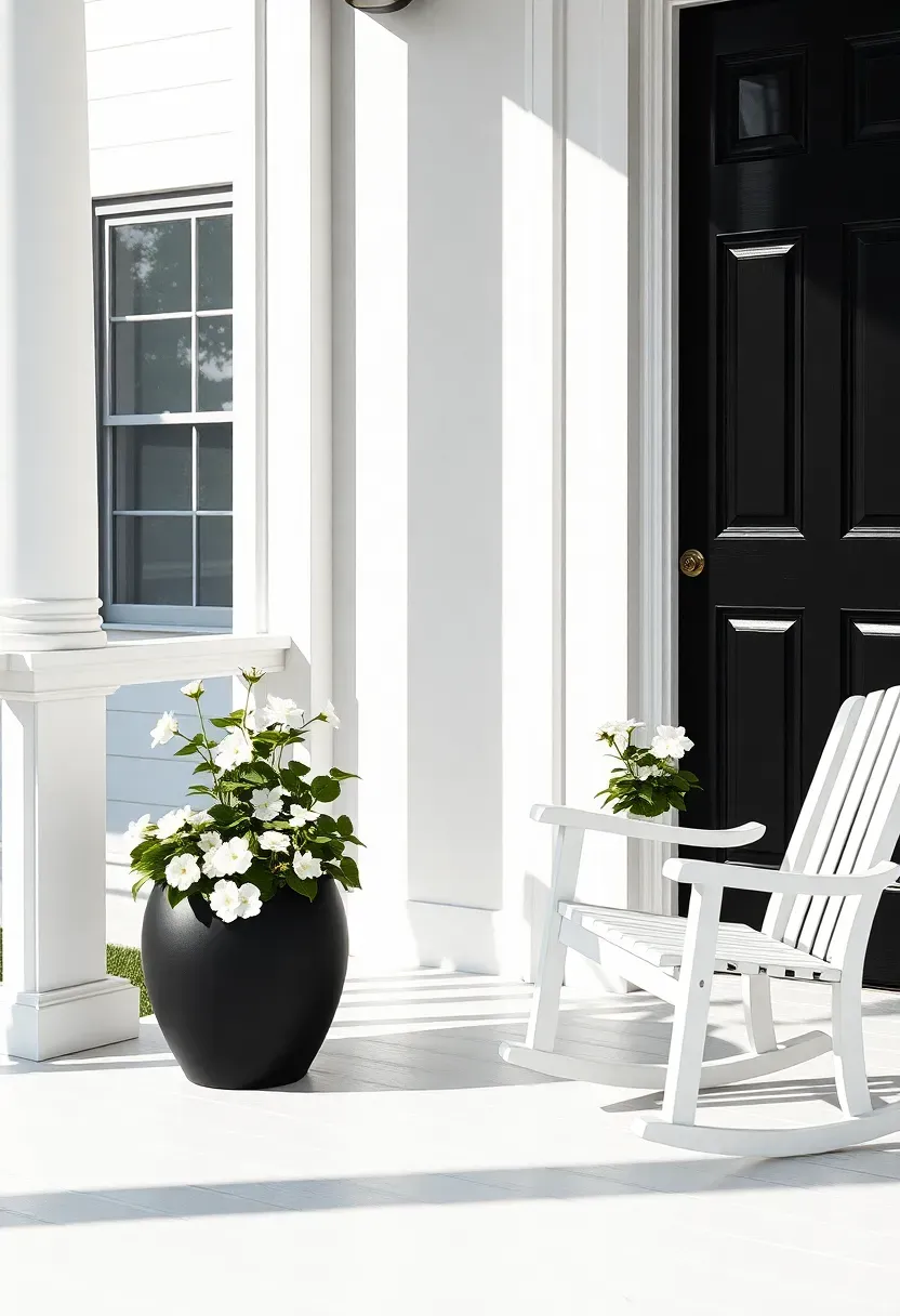 High-contrast black and white front porch with black door, white columns, black planters, and white rocking chairs