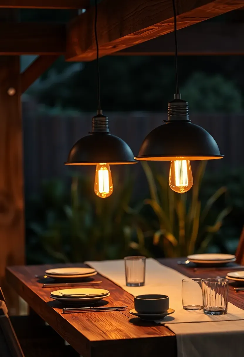 Two industrial-style pendant lights hanging from a wooden beam over an outdoor dining table set for dinner in a backyard at night