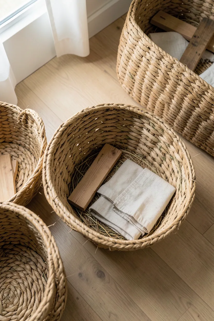 Seagrass and water hyacinth woven baskets stacked beside a sofa for renter-friendly minimalist storage