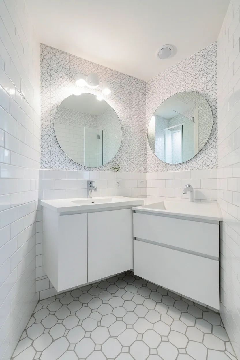 White bathroom with removable wallpaper accent wall featuring subtle gray geometric pattern, white floating vanity, and round mirror