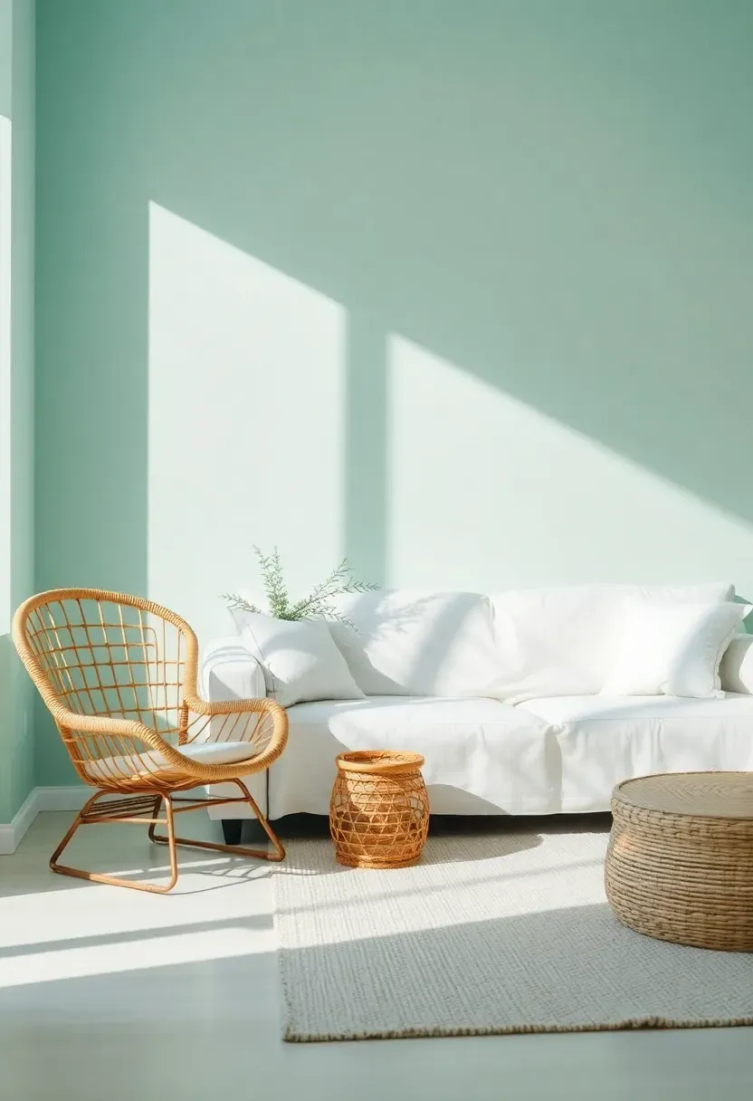 Hyper-realistic 3/4 view of a minimalist living room with pale aqua walls, white slipcovered sofa, rattan chair, light rug. Materials: matte aqua paint, white linen, natural rattan, wool rug. Bright natural light, refreshing blue-green shadows. Shallow depth of field, breezy minimalist composition. No text, no logos, no watermarks.</p>