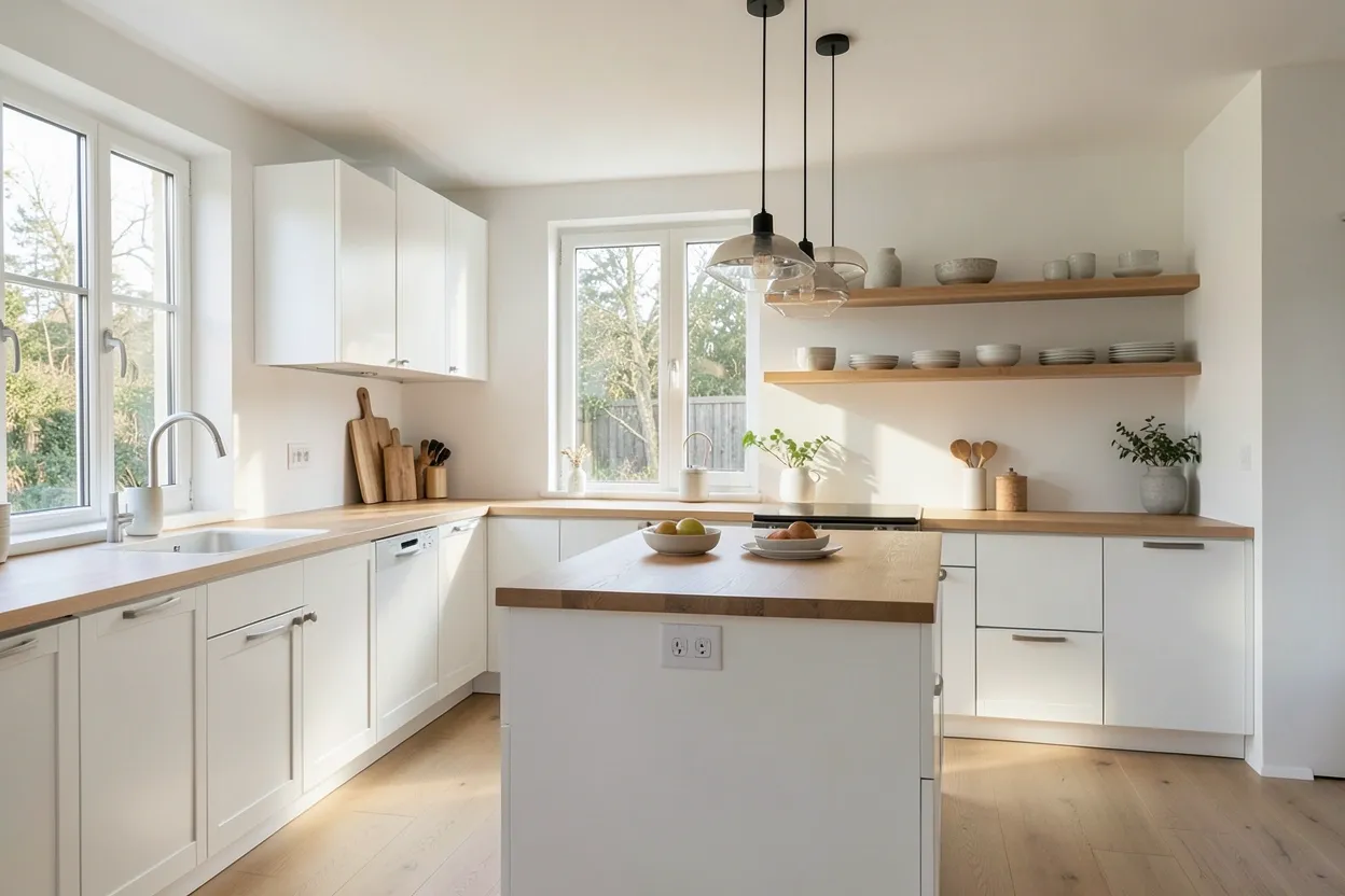 Scandinavian kitchen with white cabinets, light wood accents, and open shelving — minimalist Nordic design for a functional apartment kitchen