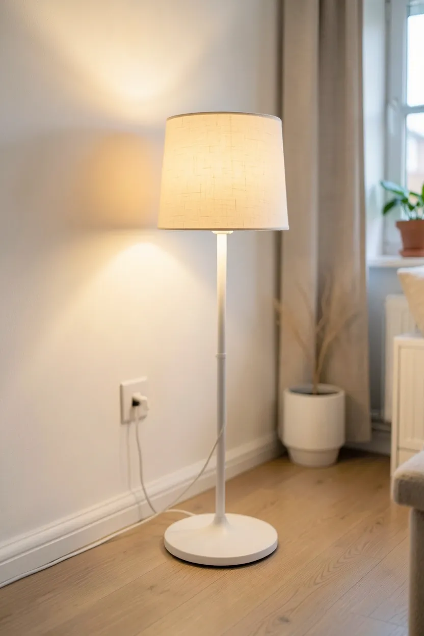 Slender white arc floor lamp casting warm ambient glow in a cozy Scandinavian apartment living room corner