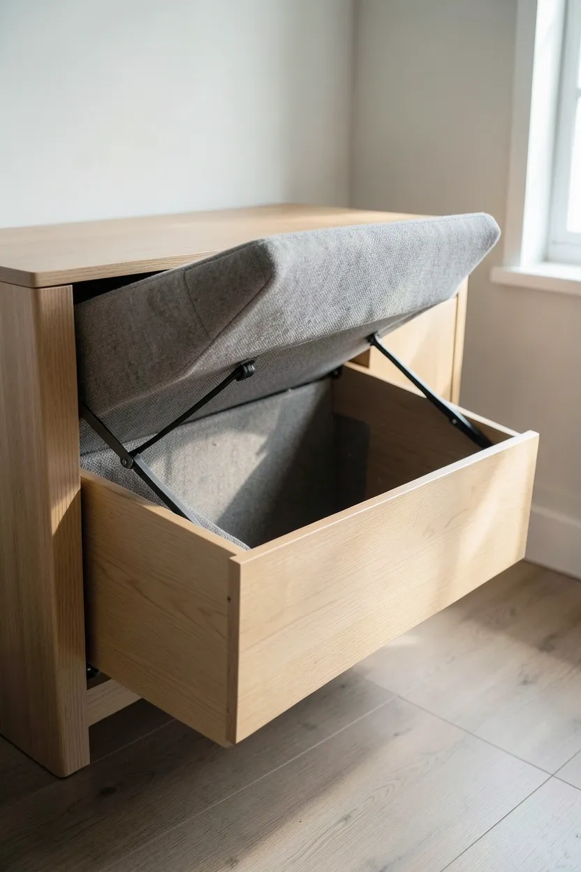 White wooden storage bench with lift-up seat against a wall in a small Scandinavian rental living room