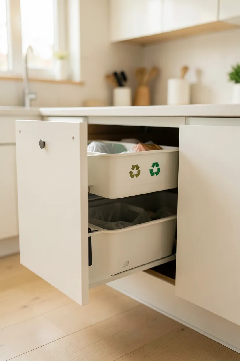 Pull-out cabinet with dual recycling and trash bins hidden inside white kitchen cabinetry — concealed waste management in a clean Scandinavian kitchen