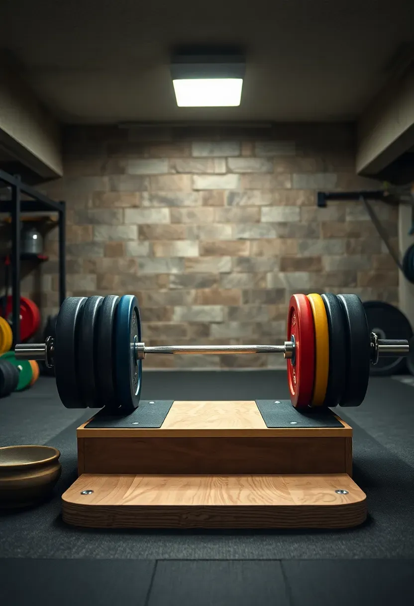 Olympic weightlifting platform with calibrated bumper plates, barbell on the floor, and chalk bowl in a well-lit basement gym