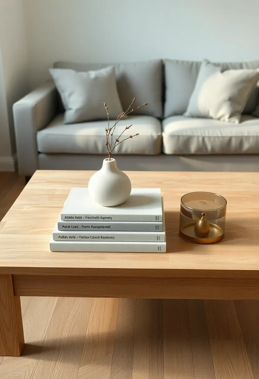 Hyper-realistic overhead shot of minimalist coffee table styling. Light oak rectangular coffee table with precisely arranged objects: stack of three large art books with neutral covers, white ceramic vessel with single dried branch, small brass sculptural object. Generous empty space around objects. Light gray sofa visible in background. White walls, light oak floor. Soft natural light, curated intentional mood. Materials: light oak, books, matte ceramic, brass. Bright ambient lighting, sharp details on objects and table grain, visible room context, no text, no logos.</p>
