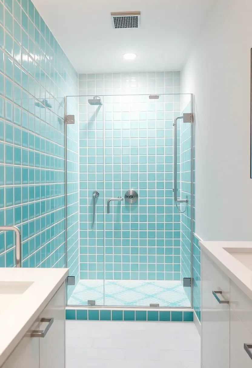 White small bathroom with a teal tiled shower enclosure creating a bold color focal point