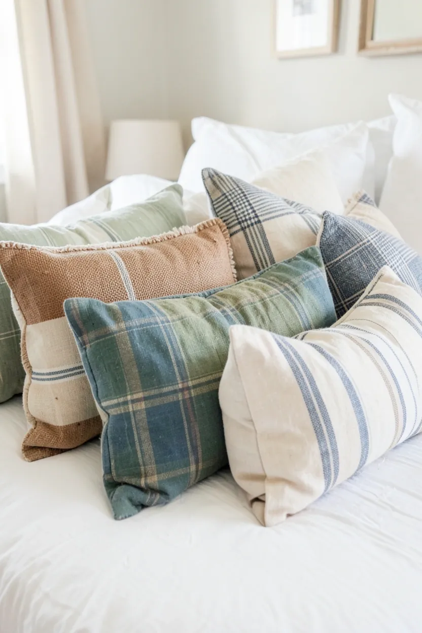 Layered farmhouse throw pillows in burlap, plaid, and cream linen on a white bed with a vintage patchwork quilt