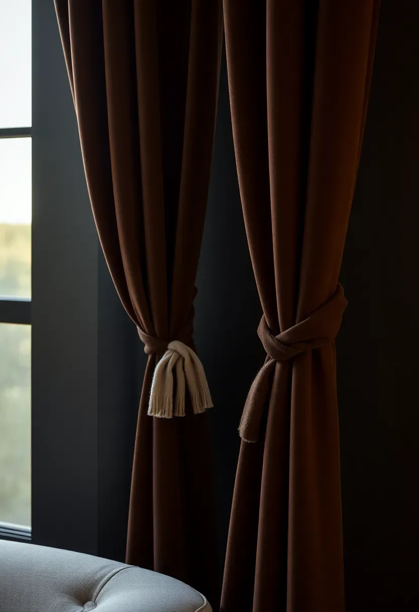 Espresso velvet drapes with soft tiebacks