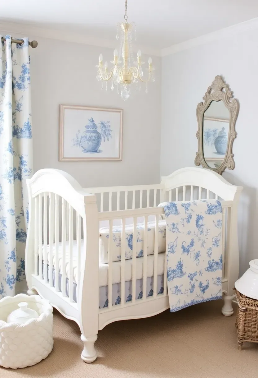 French country nursery corner with distressed wood and floral textiles
