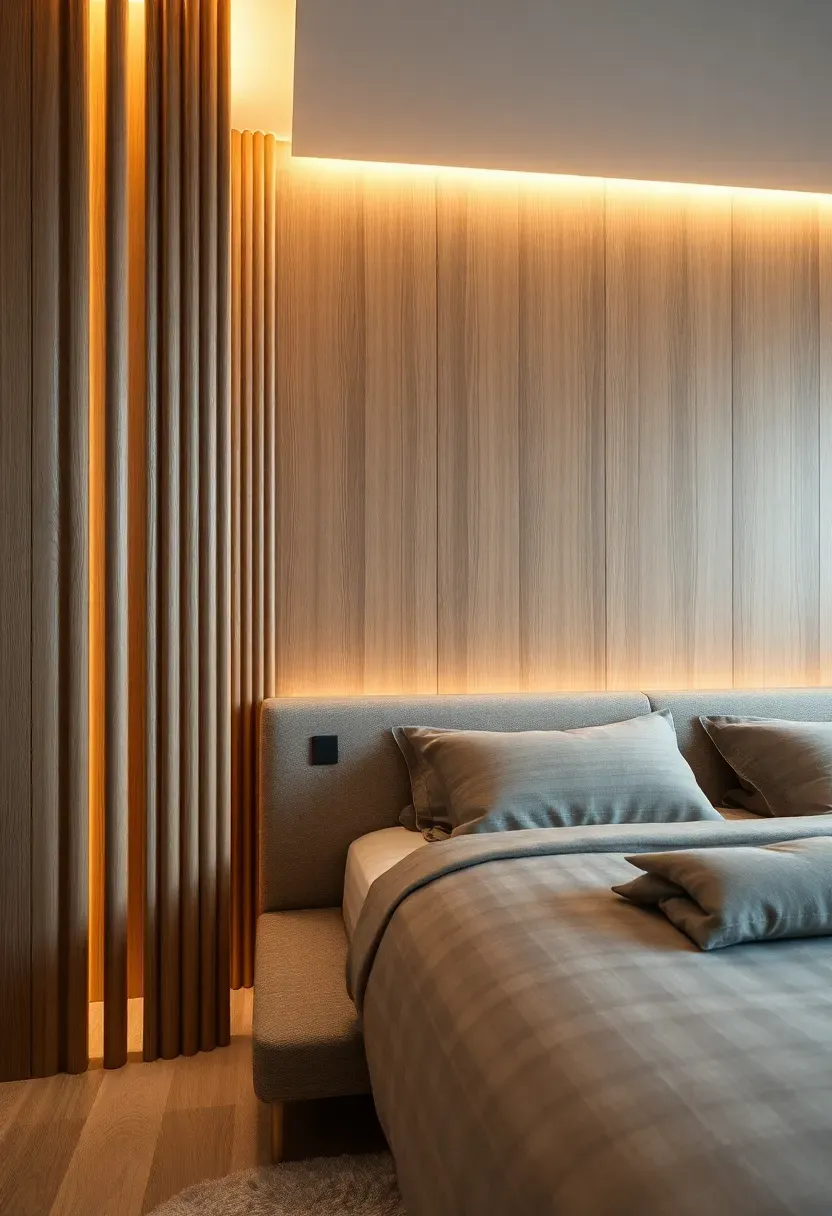 sophisticated bedroom with fluted oak column accent wall spanning floor to ceiling behind a modern upholstered bed with indirect cove lighting above