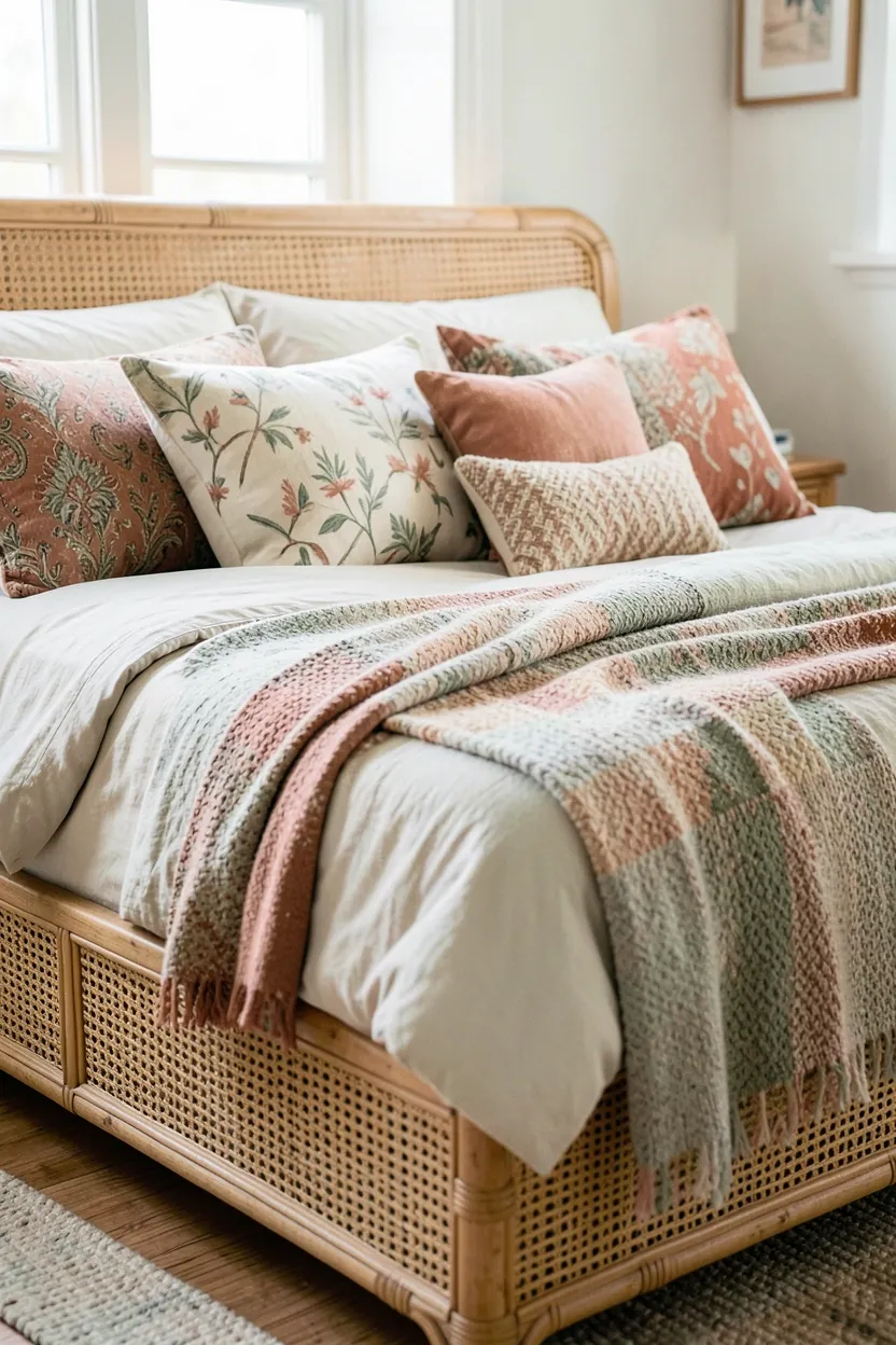 Natural rattan bed frame layered with eclectic patterned pillows and a woven throw in a bright boho rental bedroom