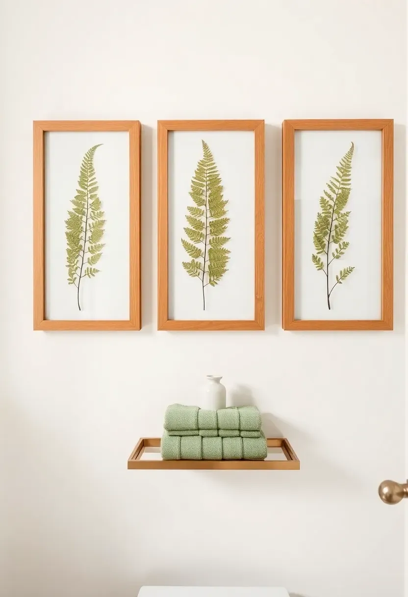 Three pressed fern specimens displayed behind glass in slim natural oak frames hanging in a row on a soft white bathroom wall
