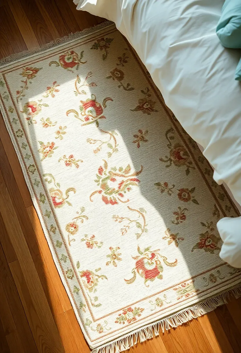 Faded vintage-style area rug with soft floral pattern in muted cream and blush tones under a bed in a small rental bedroom