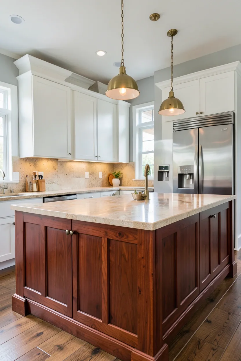 Luxurious mahogany kitchen island with rich reddish-brown grain and stone countertop as an elegant kitchen centerpiece
