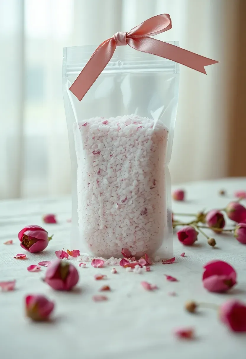 rose petal bath soak in a clear pouch tied with blush ribbon and dried rose buds scattered around it