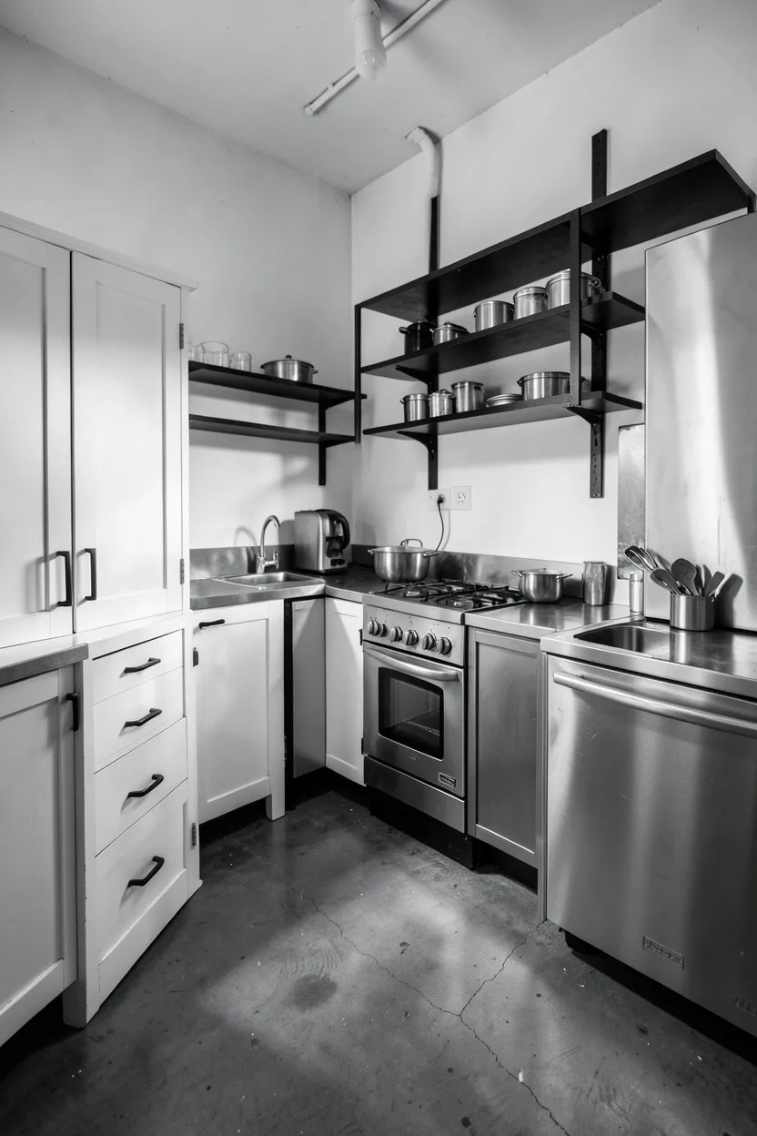Dramatic black chimney range hood above a gas range in an all-white kitchen, the dark hood acting as a bold focal point in the monochrome cooking space