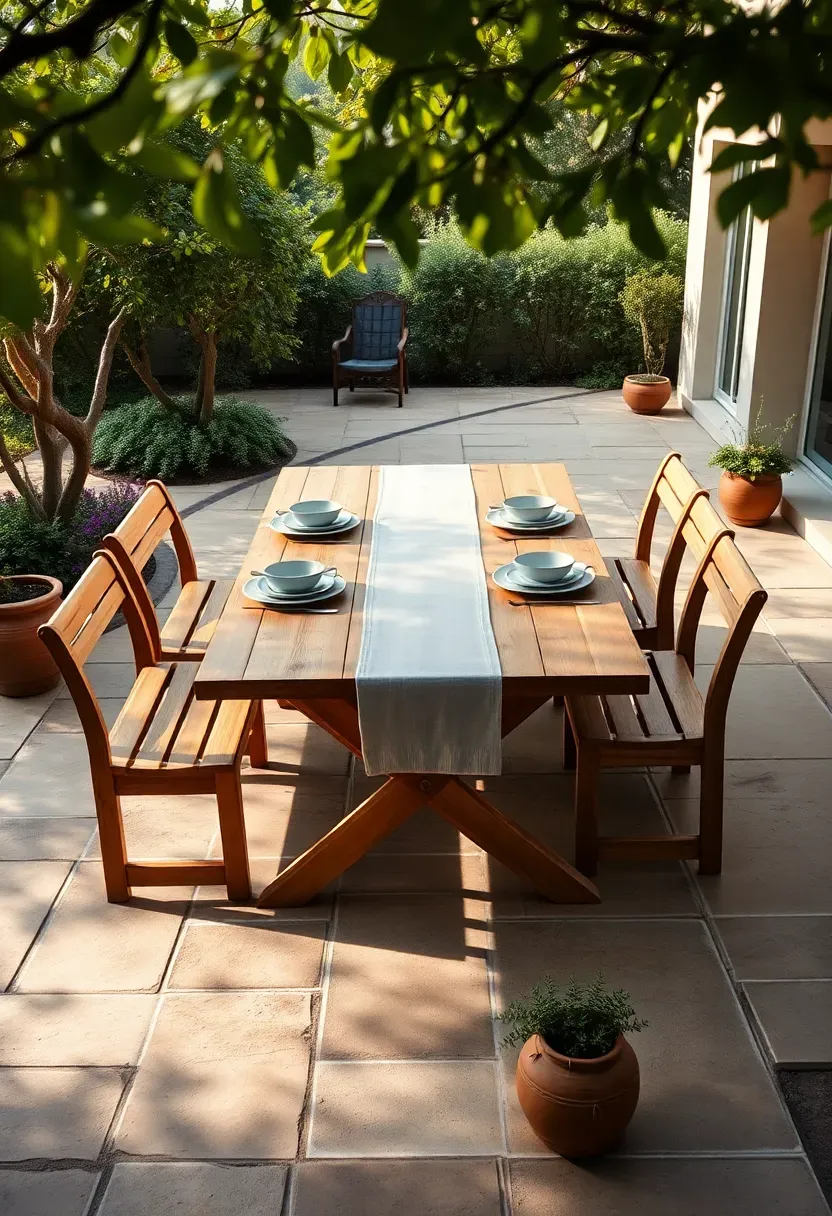 A teak outdoor dining table set for six with benches on a stone patio surrounded by potted plants