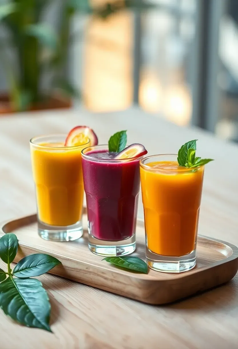 colorful tropical smoothie shooters in small glasses arranged on a tray with mango pineapple and berry varieties garnished with tiny umbrellas