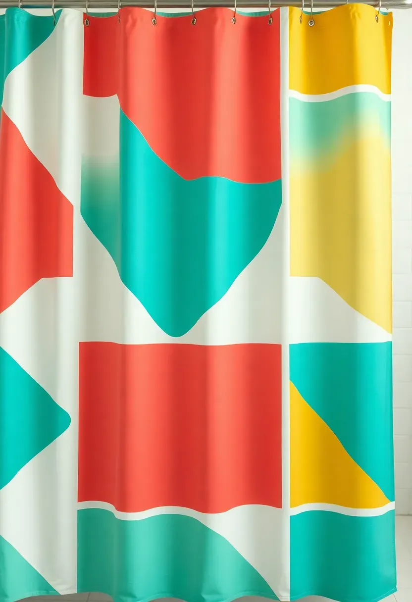 Shower curtain with bold colorful geometric pattern in Toca Boca style