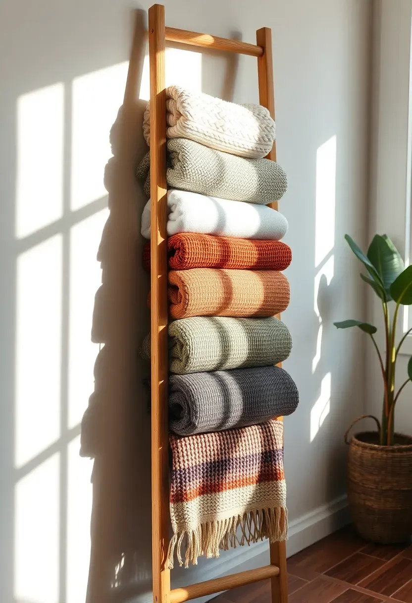 Wooden blanket ladder leaning against a sunroom wall draped with four folded throw blankets in cream, sage green, terracotta, and charcoal tones