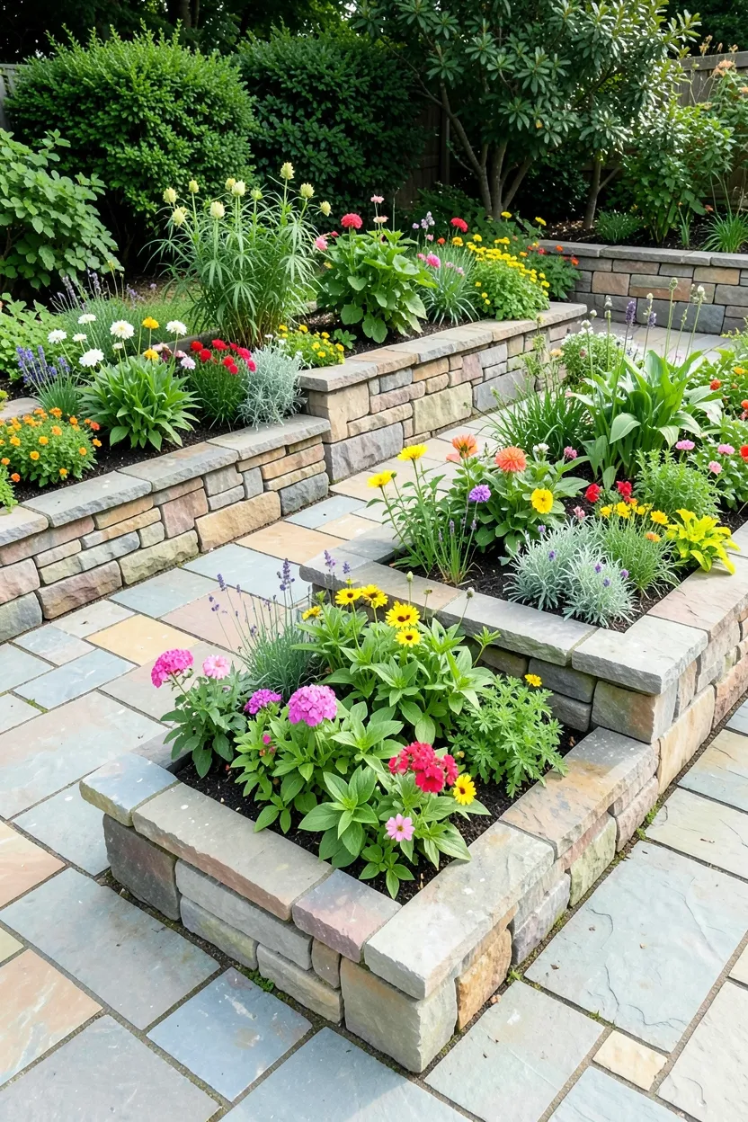 Stone Patio with Planting Beds