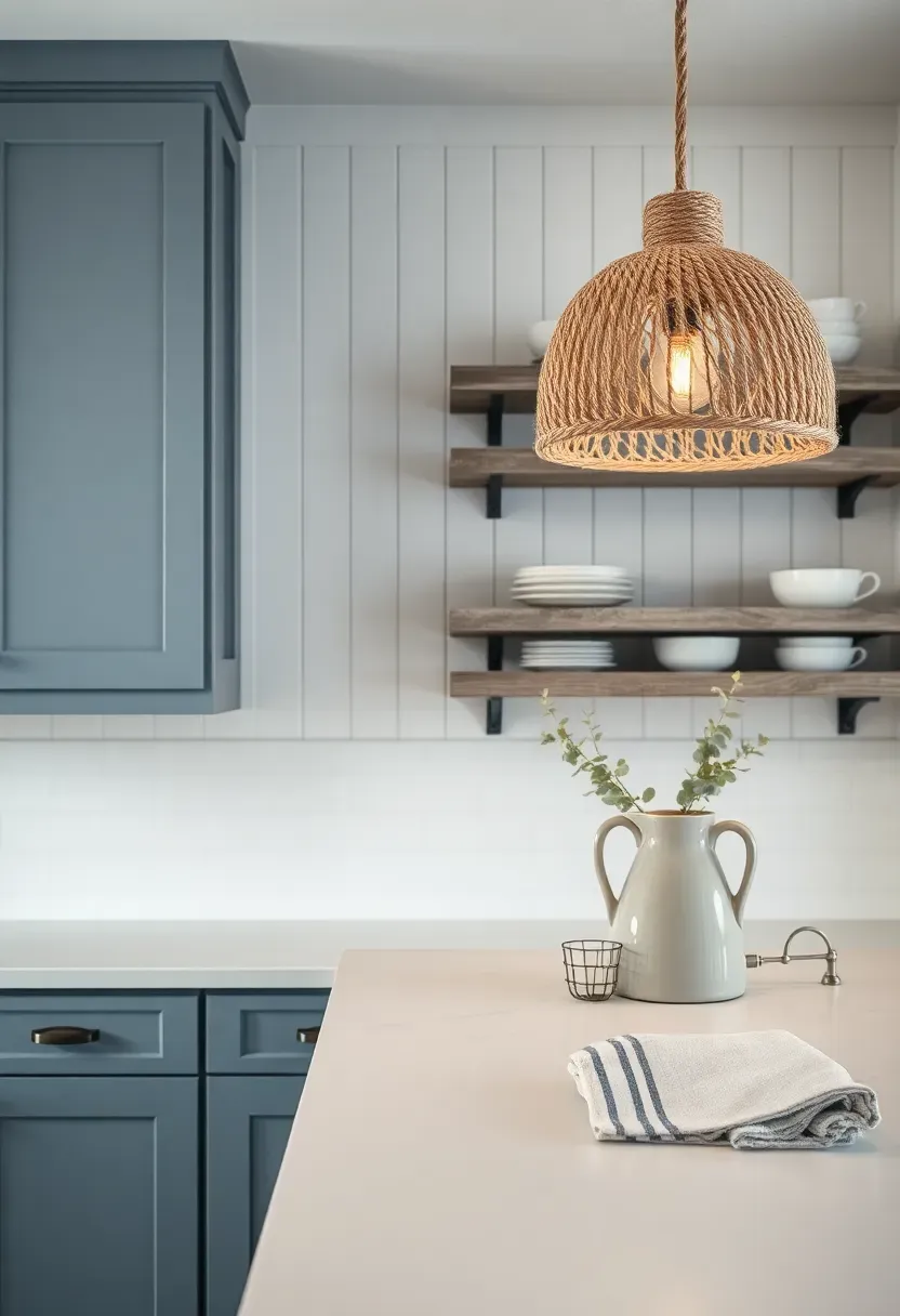Coastal-themed basement kitchen with blue-gray cabinets, white beadboard backsplash, rope-wrapped pendant lights, and weathered wood accents