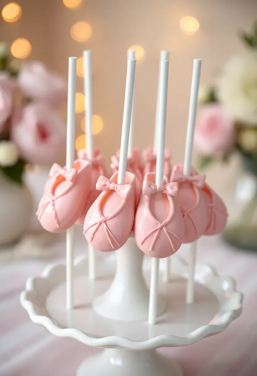 pink ballet slipper shaped cake pops with delicate ribbon details displayed on a tiered stand for a girl baby shower