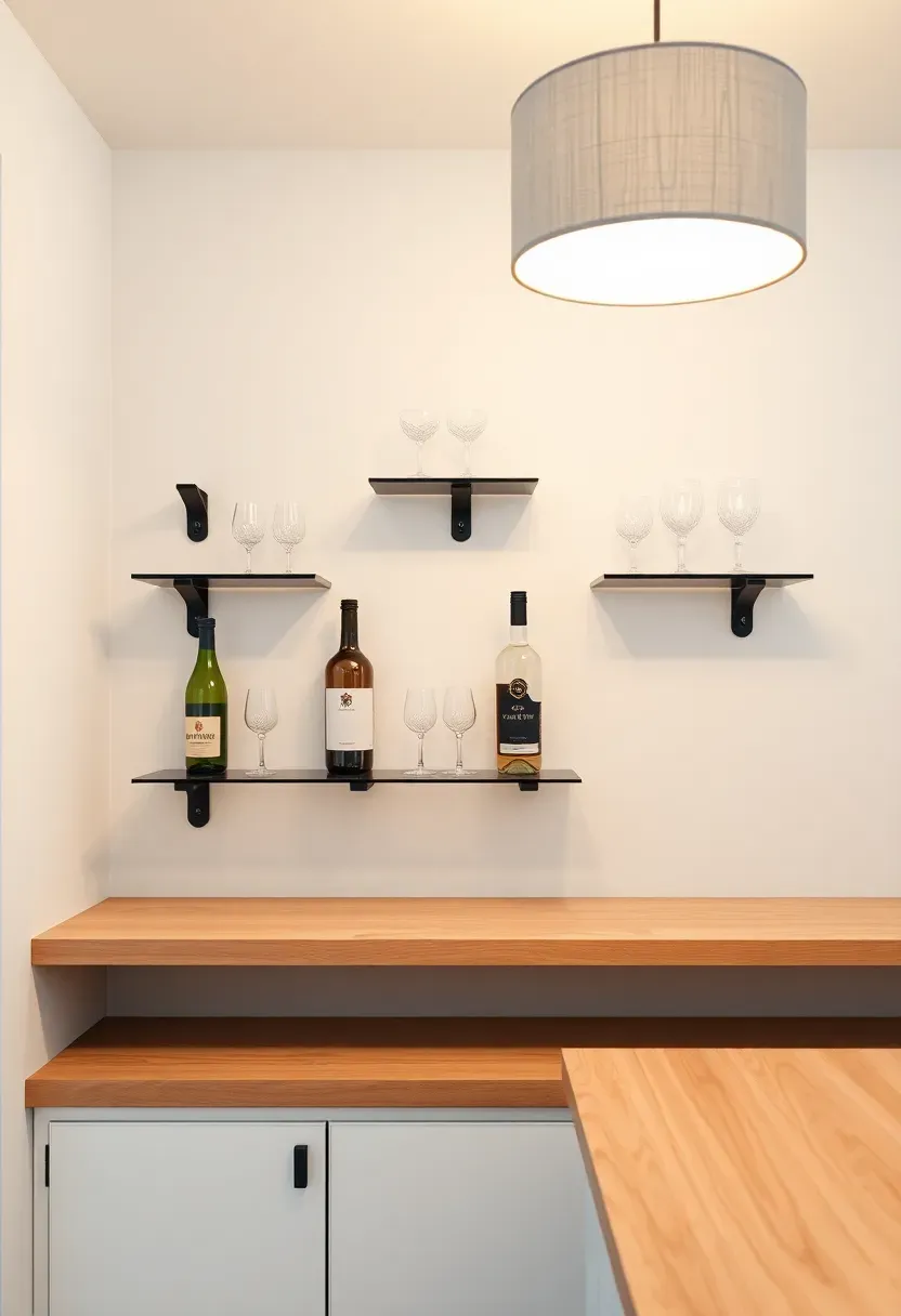 minimalist basement bar with floating open shelves white walls simple wood countertop and clean lines