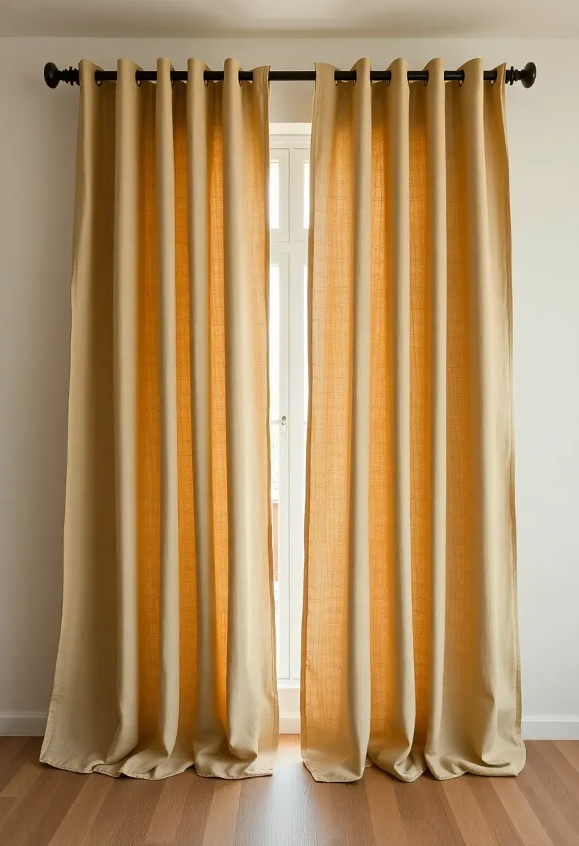 Hyper-realistic medium shot of floor-length oatmeal-colored linen curtains hanging from a matte black metal rod. The curtains have soft natural folds, slight texture visible, and pool slightly on the light oak flooring. Behind: large window with soft natural daylight coming through, warm white walls. Minimal room with simple furniture silhouette visible. Materials: linen fabric with natural weave, matte black metal rod, oak flooring. Soft diffused light. Clean composition. No text, no logos, no watermarks.</p>