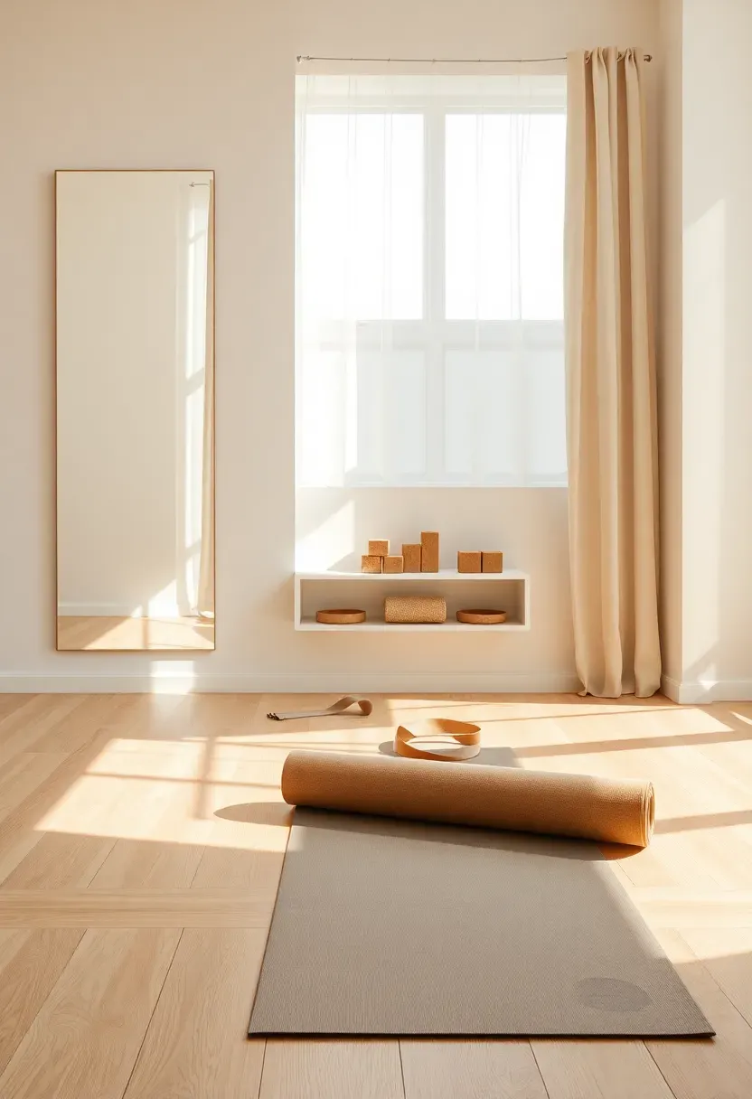 Serene yoga and mobility studio with light wood flooring, floor-to-ceiling mirrors, and a curated collection of blocks, straps, and bolsters