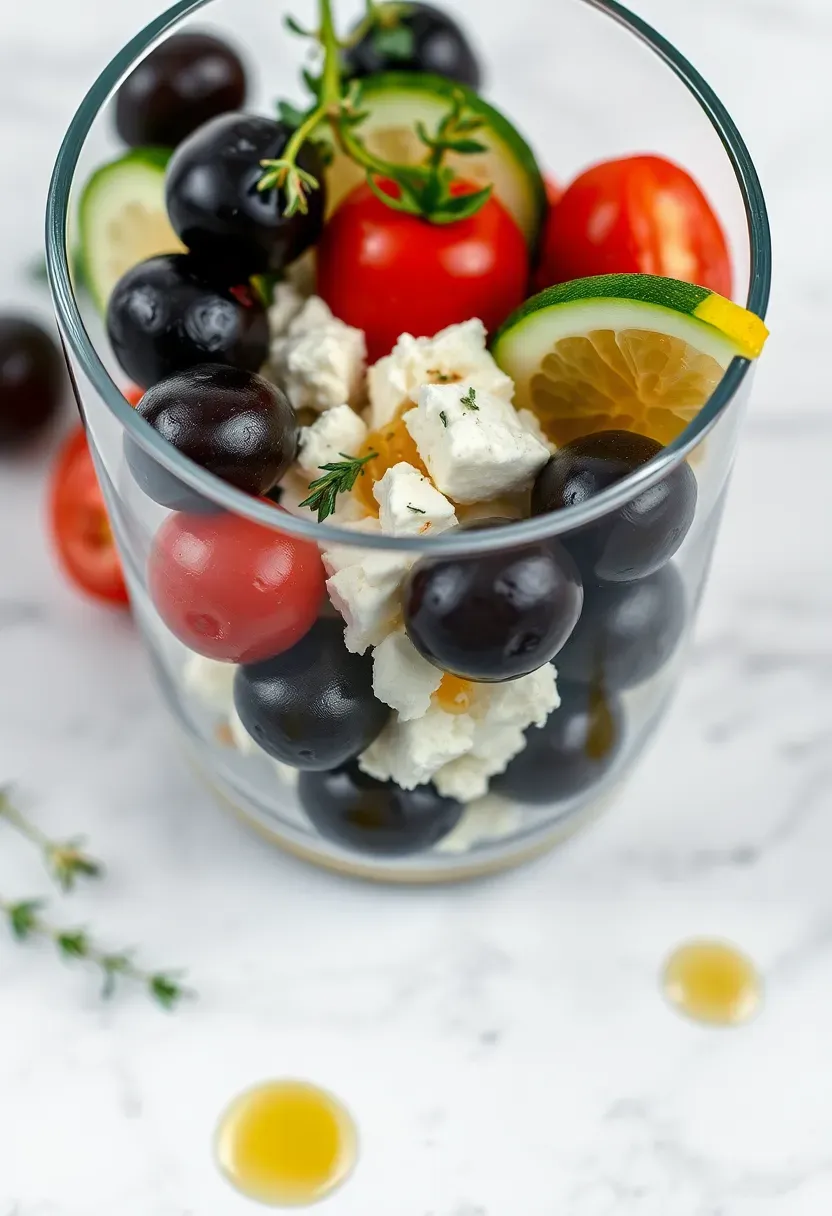 Mediterranean charcuterie cup with feta cheese, kalamata olives, cucumbers and tomatoes