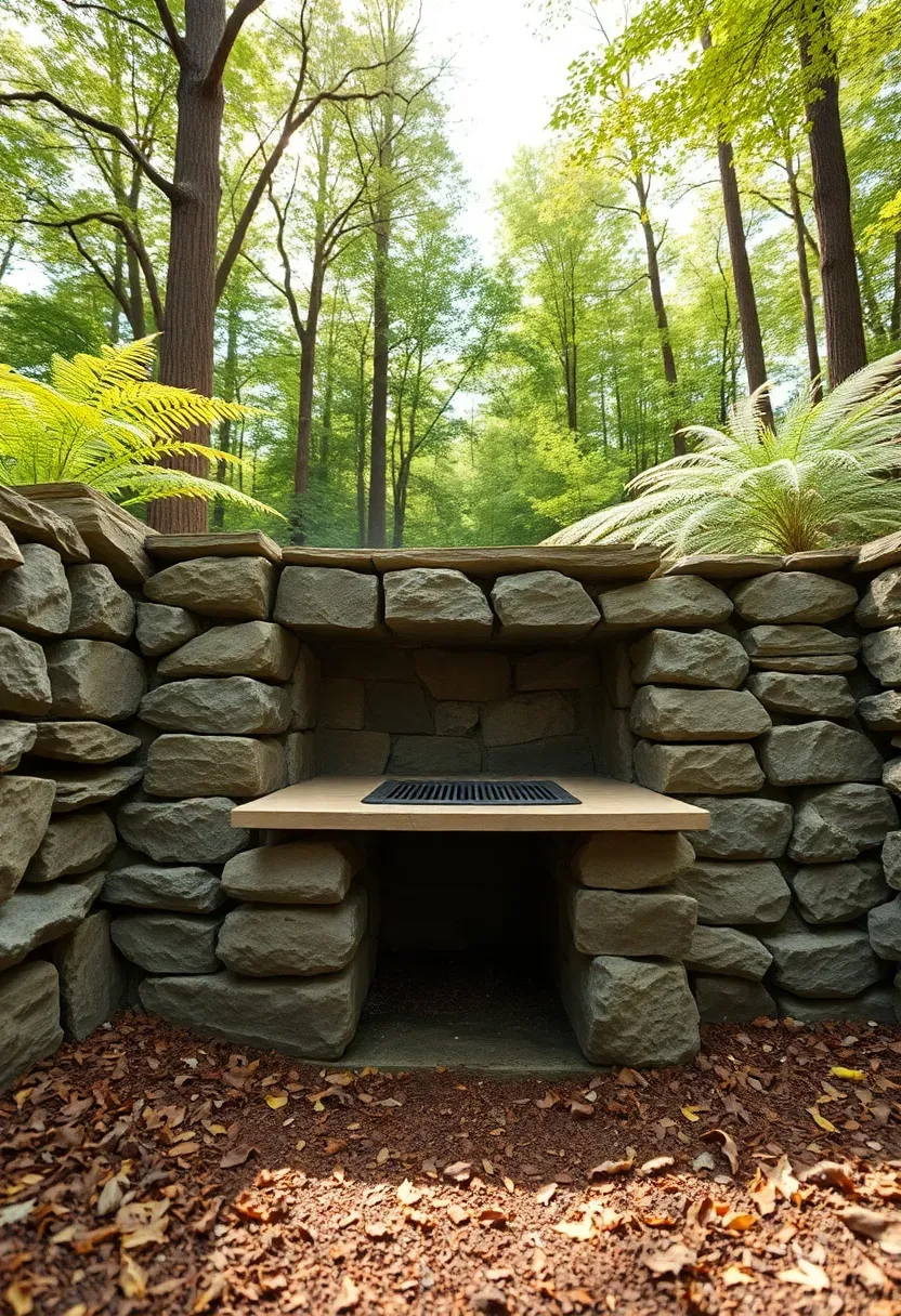 Rustic natural stone grill surround with rough-cut fieldstone and a recessed charcoal grill in a wooded backyard