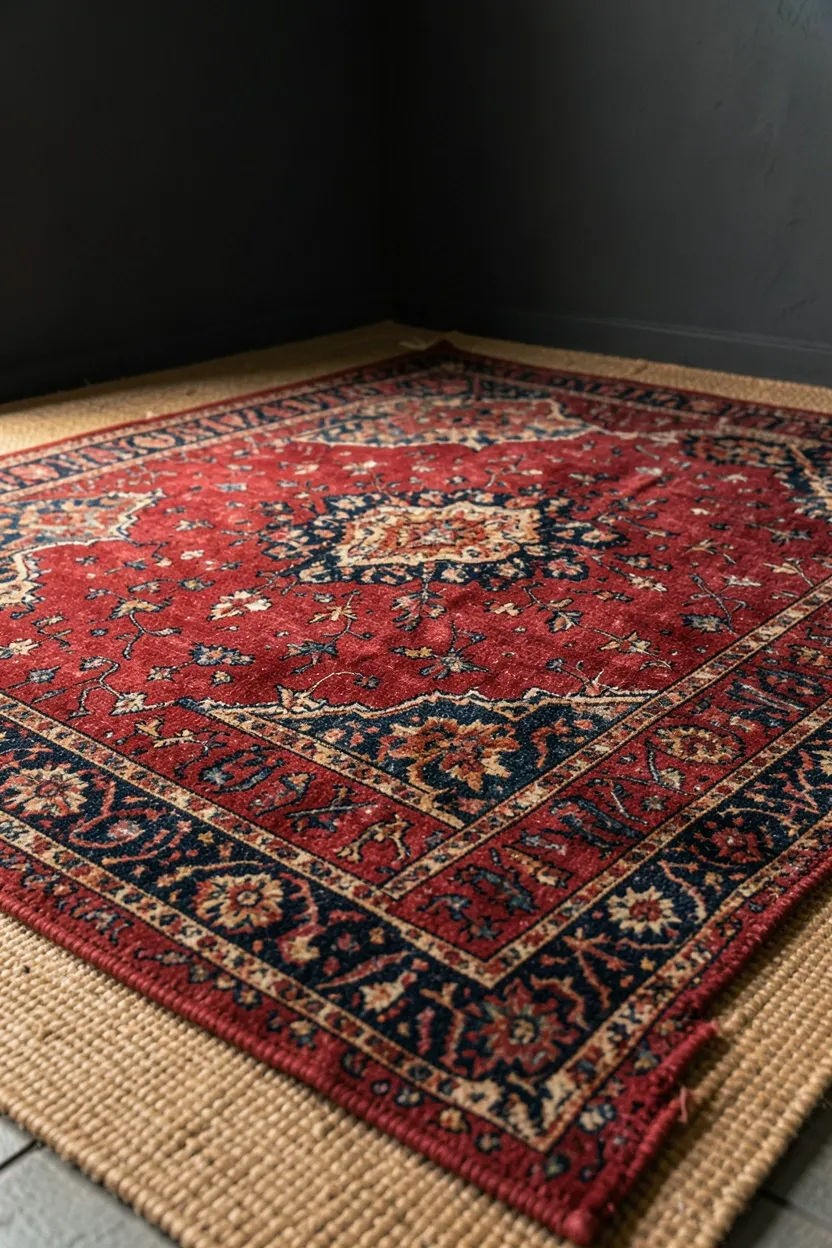 Layered Persian and Moroccan vintage rugs with deep red and dark blue patterns on dark wood floor in a boho living room