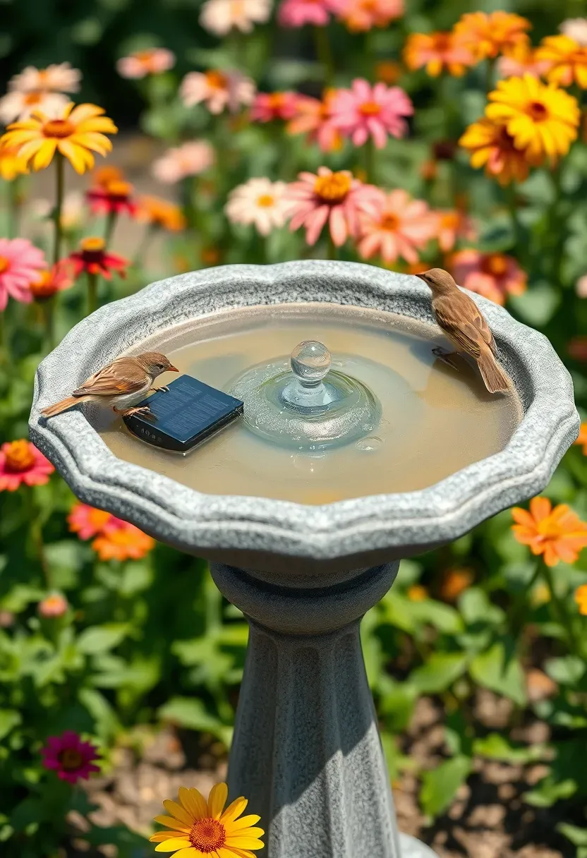 Decorative solar-powered birdbath bubbler with a small solar panel and gentle water bubble in a flower garden attracting birds